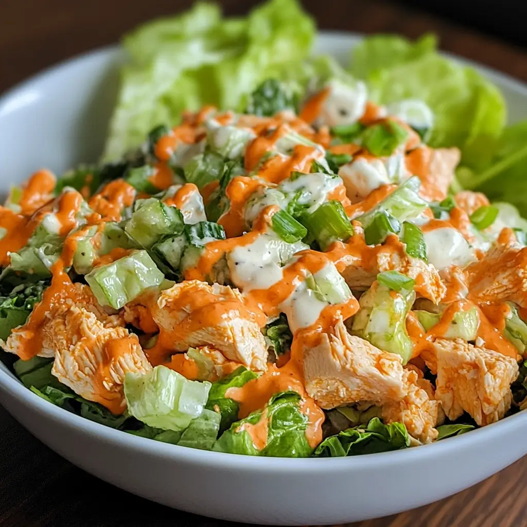 Buffalo chicken salad with spicy shredded chicken, fresh romaine lettuce, cherry tomatoes, celery, red onions, blue cheese, and ranch dressing.