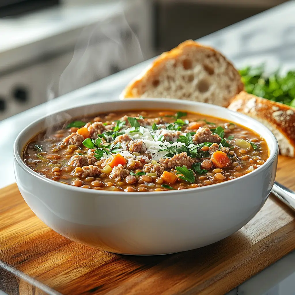 Hearty Carrabba’s lentil soup with Italian sausage, brown lentils, and fresh parsley served in a bowl with crusty bread in a modern kitchen.