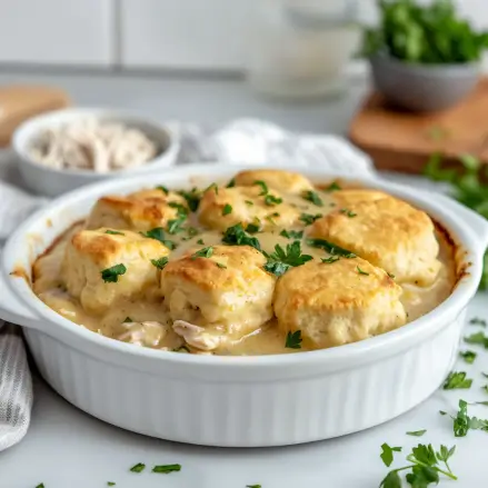 Chicken and Dumpling Casserole served in a modern white ceramic dish with golden biscuits on top, garnished with fresh parsley in a well-lit kitchen.