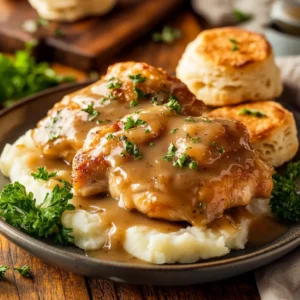 Tender chicken smothered in rich, creamy gravy with mashed potatoes and biscuits on a rustic wooden table.