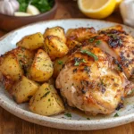 Juicy roasted chicken with crispy golden potatoes, garnished with fresh rosemary and parsley, served on a rustic plate