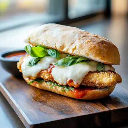 Homemade Chicken Parmesan Sandwich with golden breaded chicken, gooey cheese, and fresh basil, plated in a bright, stylish kitchen