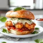 Homemade Chicken Parmesan Sandwich with golden breaded chicken, gooey cheese, and fresh basil, plated in a bright, stylish kitchen