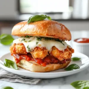 Homemade Chicken Parmesan Sandwich with golden breaded chicken, gooey cheese, and fresh basil, plated in a bright, stylish kitchen