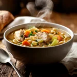 A bowl of classic chicken noodle soup with chunks of chicken, carrots, celery, and egg noodles in a golden broth, garnished with fresh parsley.