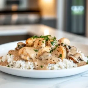 Cream of Mushroom Chicken and Rice served on a modern white plate in a stylish kitchen, garnished with fresh parsley and black pepper, with warm lighting enhancing the creamy texture