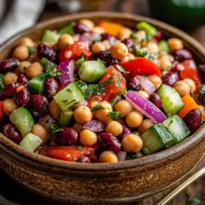 A rustic bowl of dense bean salad filled with colorful beans, chopped red bell peppers, cucumbers, and red onions, with a glossy dressing, set on a wooden table with a linen napkin and fork beside it, giving a cozy, homemade vibe.