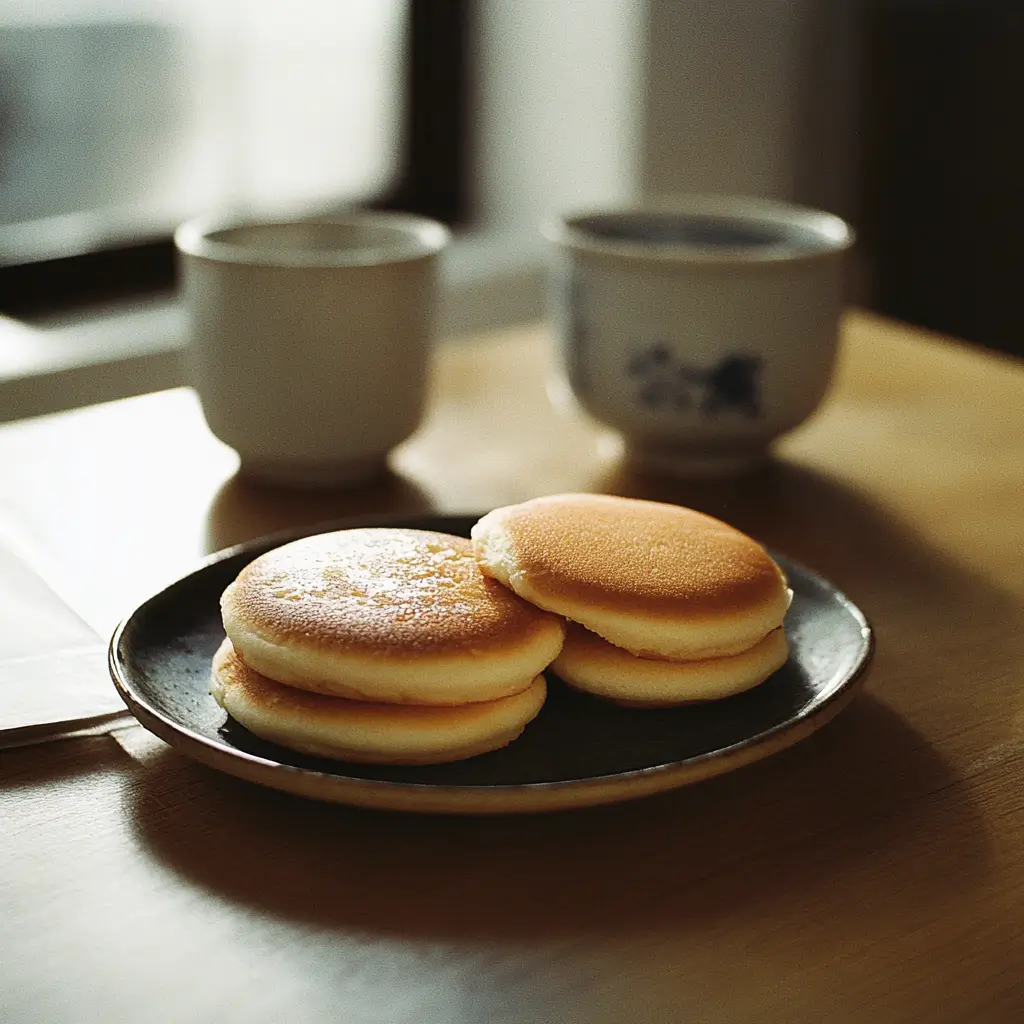 Close-up of homemade dorayaki with a thick layer of sweet red bean paste filling, placed on a traditional Japanese dish with a bamboo whisk nearby