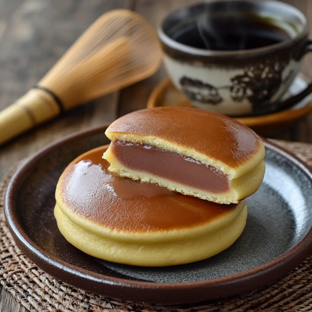 Golden-brown dorayaki pancakes filled with sweet red bean paste, served on a Japanese ceramic plate with a cup of matcha tea in the background.