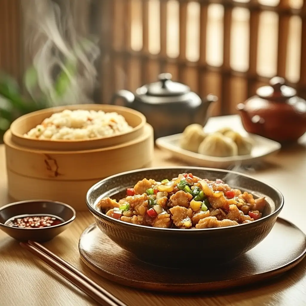 Cozy Chinese dining table with homemade Chinese dishes like General Tso’s Chicken, fried rice, and dumplings in a warm setting