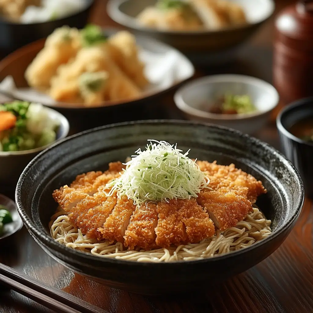 A traditional Japanese meal featuring yakisoba noodles, crispy tonkatsu, a chicken rice bowl, and soba noodle salad on a wooden table.