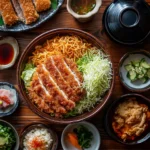 Authentic Japanese home-cooked dishes, including stir-fried yakisoba, golden tonkatsu, and soba salad, served in a cozy dining setup.