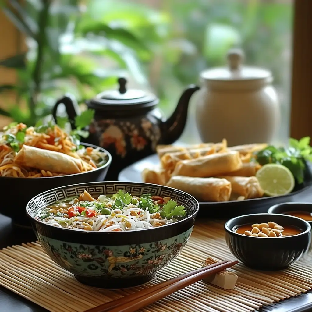 Close-up of a vibrant Asian table setting showcasing pho, spring rolls, and Pad Thai with chopsticks and dipping sauces.