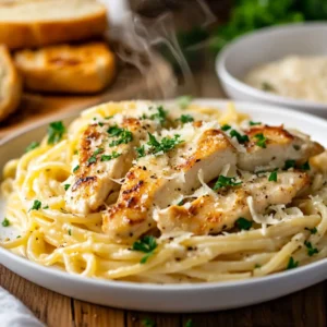 Delicious creamy garlic parmesan chicken pasta served on a modern table with fresh parsley garnish, parmesan cheese, and garlic bread.