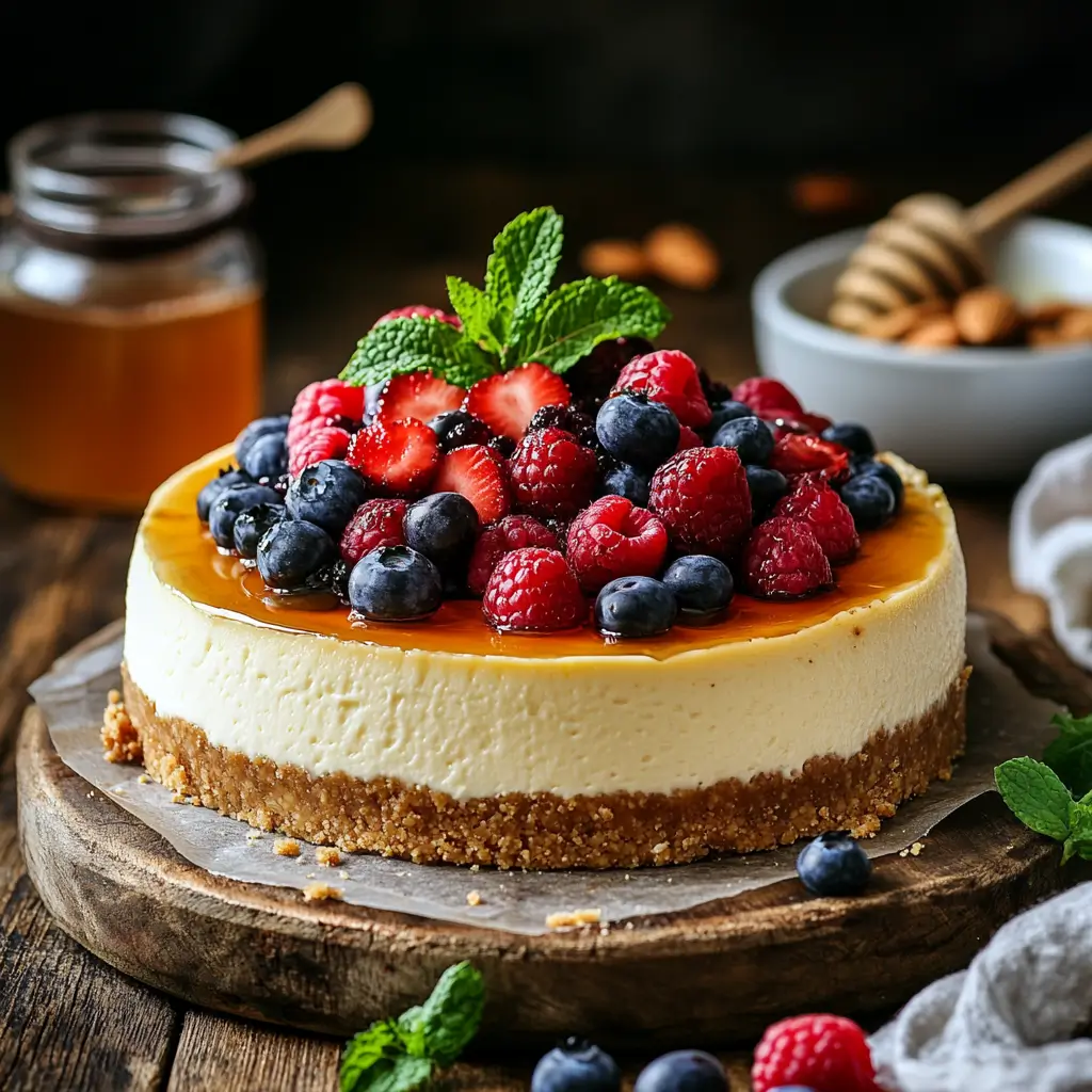 Healthy cheesecake topped with fresh berries, honey drizzle, and mint on a rustic wooden table