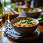 Healthy Chicken Tortilla Soup garnished with avocado, tortilla strips, cilantro, and lime on a modern table set with rustic decor