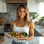 A fit young woman holding a high-protein meal in a modern kitchen, featuring grilled chicken, quinoa, and roasted vegetables.