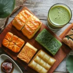 Flat lay featuring 5 classic Japanese desserts—mochi, dorayaki, taiyaki, yokan, and matcha cheesecake—paired with a vibrant iced matcha latte.