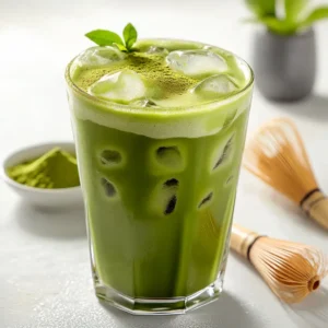 Refreshing iced matcha latte in a clear glass with vibrant green layers, ice cubes, and a bamboo whisk alongside a bowl of premium matcha powder.