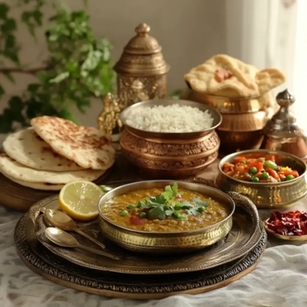 Authentic Indian cuisine served with whole wheat roti, fresh herbs, and spices, displayed on ornate brass plates in a cozy dining setting