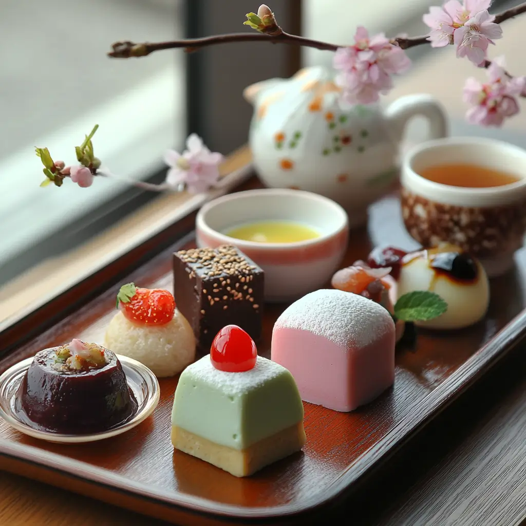 A beautifully arranged platter of 10 traditional Japanese desserts, including mochi, taiyaki, dorayaki, and matcha ice cream, served with green tea.