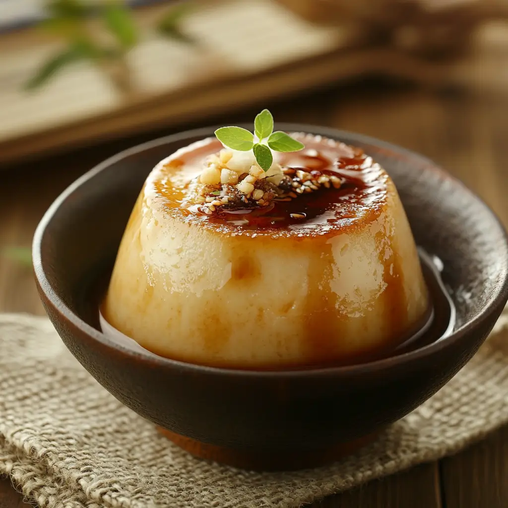 Creamy Japanese Pudding- Purin in a cozy Japanese Table style, best Japanese dessert