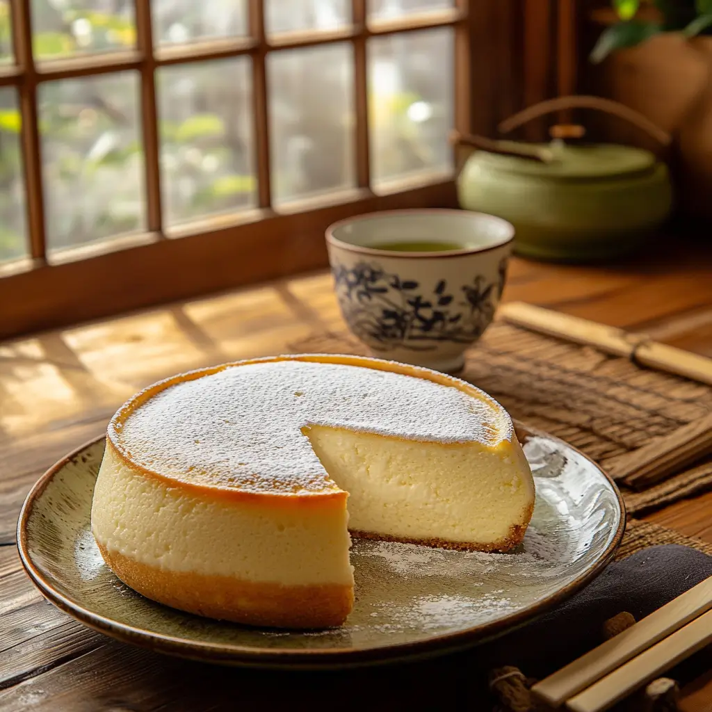 A freshly baked Japanese cheesecake with powdered sugar on top, served with matcha tea on a rustic chabudai table with soft natural lighting