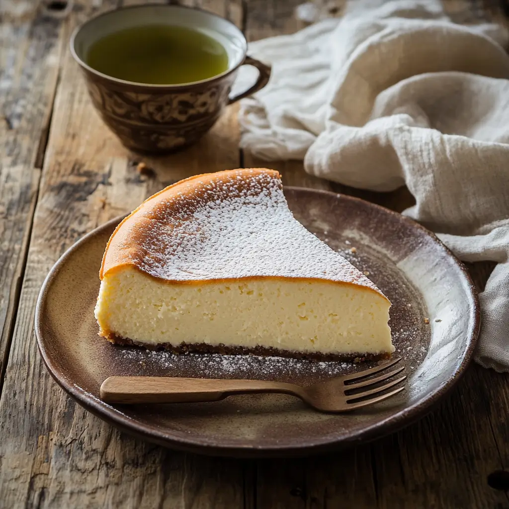 Fluffy Japanese soufflé cheesecake on a traditional wooden chabudai table, with a slice cut to reveal its airy, jiggly texture.