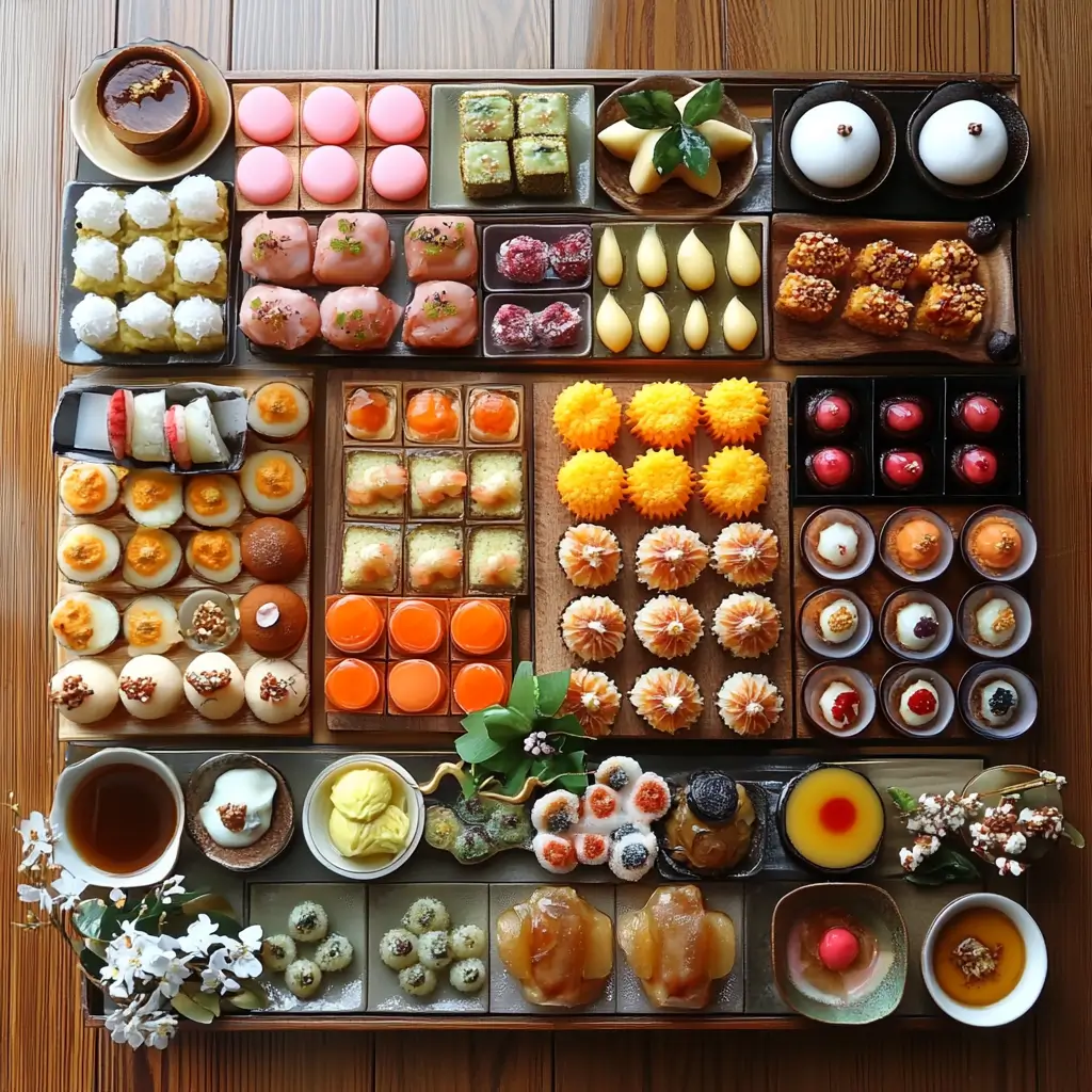 Close-up of Japanese cheesecake, castella cake, and warabi mochi, showcasing their soft, fluffy textures and authentic flavors