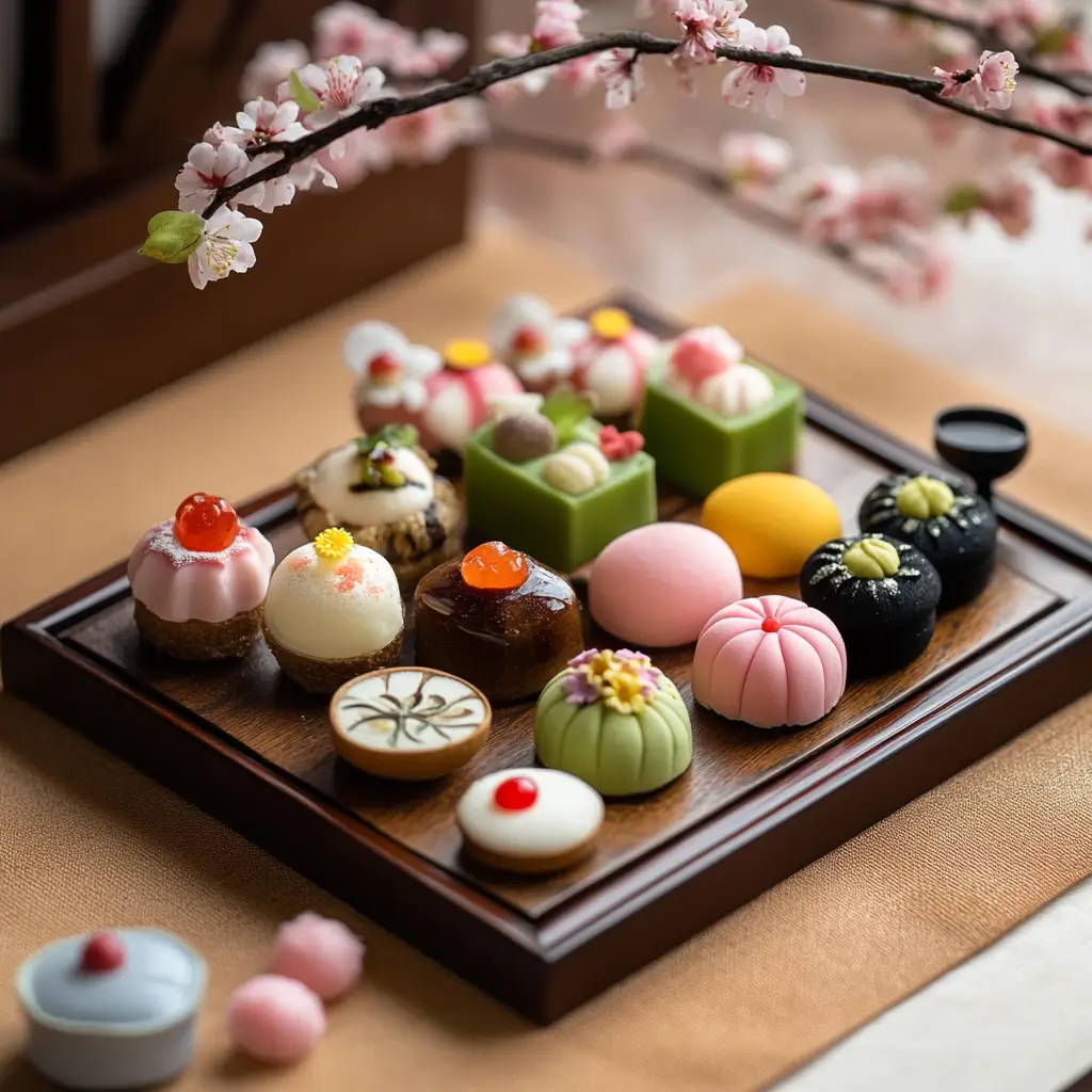 A colorful anmitsu parfait with agar jelly, sweet red bean paste, fresh fruit, and ice cream, a refreshing Japanese dessert favorite.