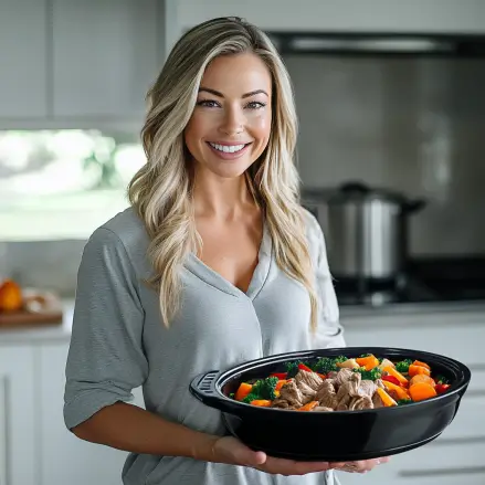 A fit, blonde American woman in a casual gym outfit presenting a keto slow cooker meal in a modern kitchen with a slow cooker in the background.