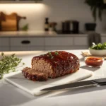 Juicy Lipton meatloaf sliced on a modern kitchen countertop, topped with a caramelized glaze, with a side of fresh herbs.