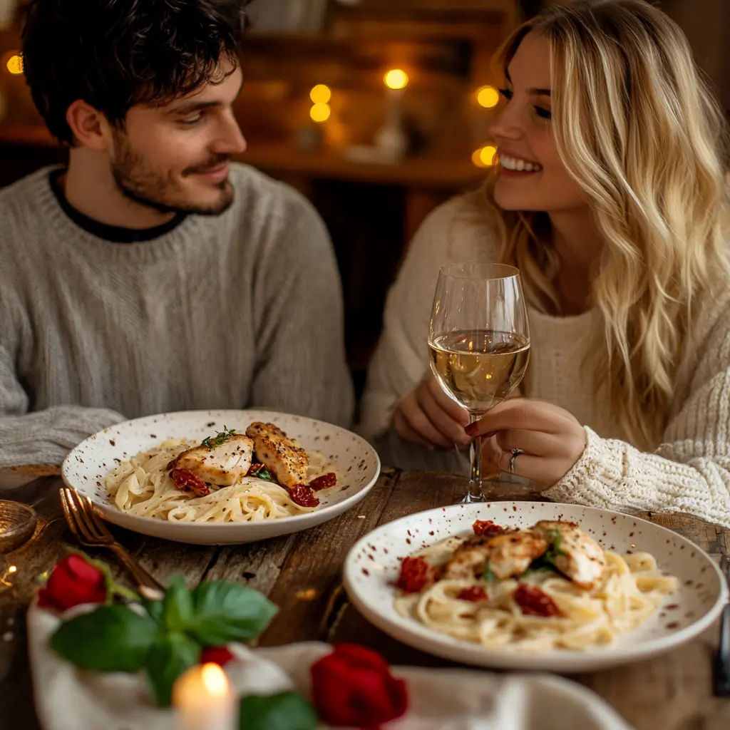 A young couple enjoying Marry Me Chicken Pasta at a romantic candlelit dinner table with wine, rose petals, and an intimate date night ambiance.