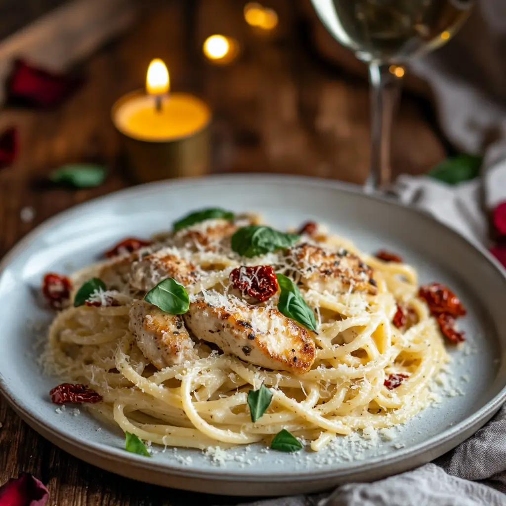 A beautifully plated Marry Me Chicken Pasta served on a romantic candlelit dinner table with white wine, fresh basil garnish, and rustic wooden decor