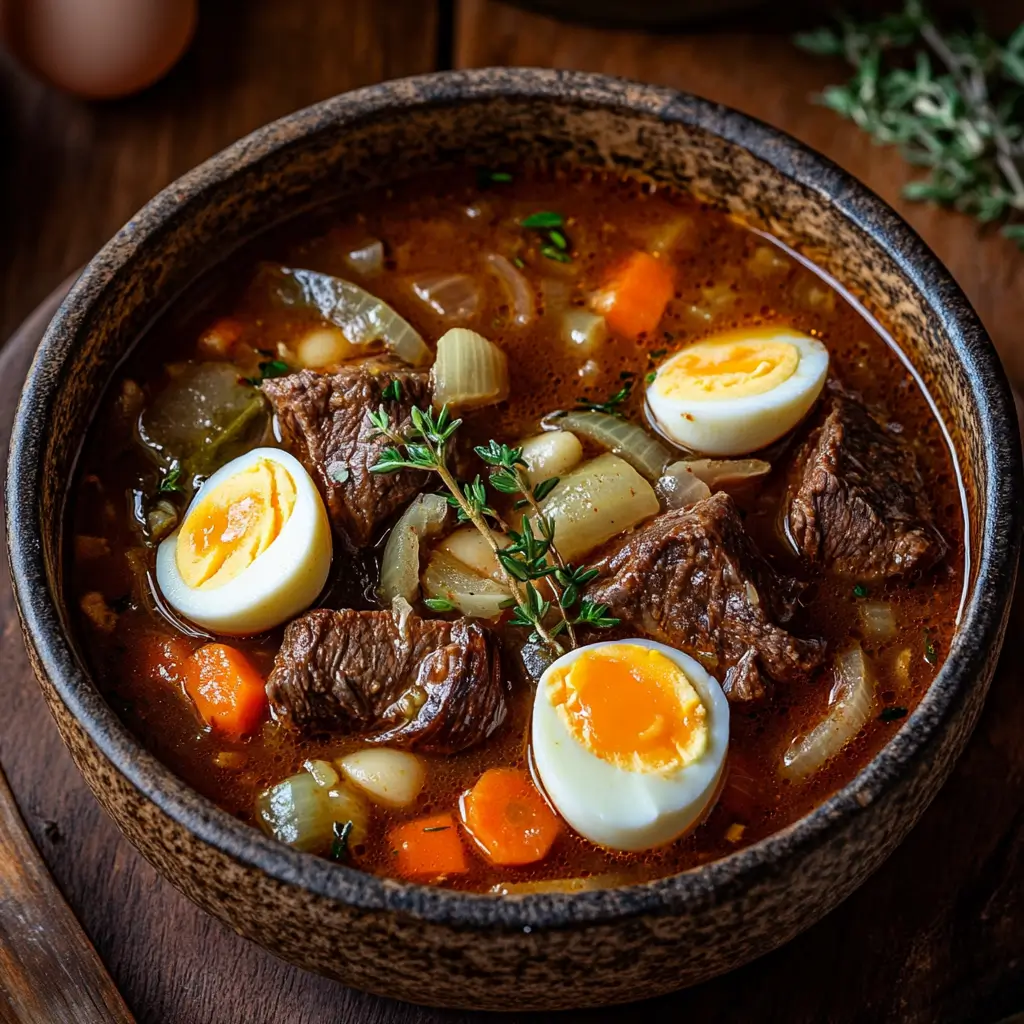 A bowl of Mock Turtle Soup made with tender beef, carrots, celery, onions, and a rich broth, garnished with hard-boiled eggs and thyme, served in a cozy, modern dining setting.