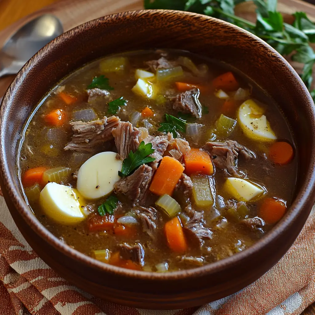 Close-up of a hearty bowl of Mock Turtle Soup with beef shank, vegetables, and herbs, placed on a rustic wooden table with soft, warm lighting for a comforting, inviting atmosphere.