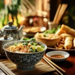 Close-up of a vibrant Asian table setting showcasing pho, spring rolls, and Pad Thai with chopsticks and dipping sauces.