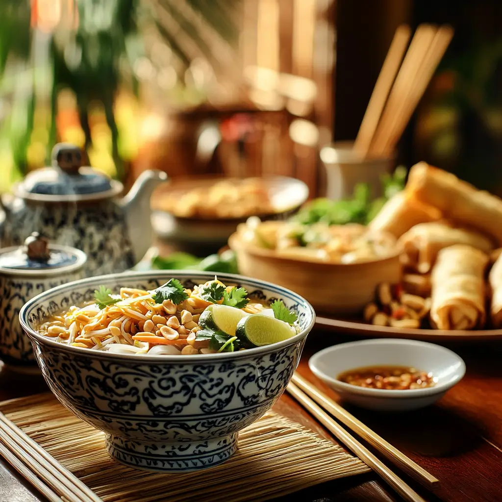 Traditional Asian meal setup with three popular dishes—Vietnamese pho, golden spring rolls, and flavorful Pad Thai.