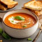 Quick tomato soup with canned tomatoes, garnished with cream and fresh basil, served with grilled cheese slices