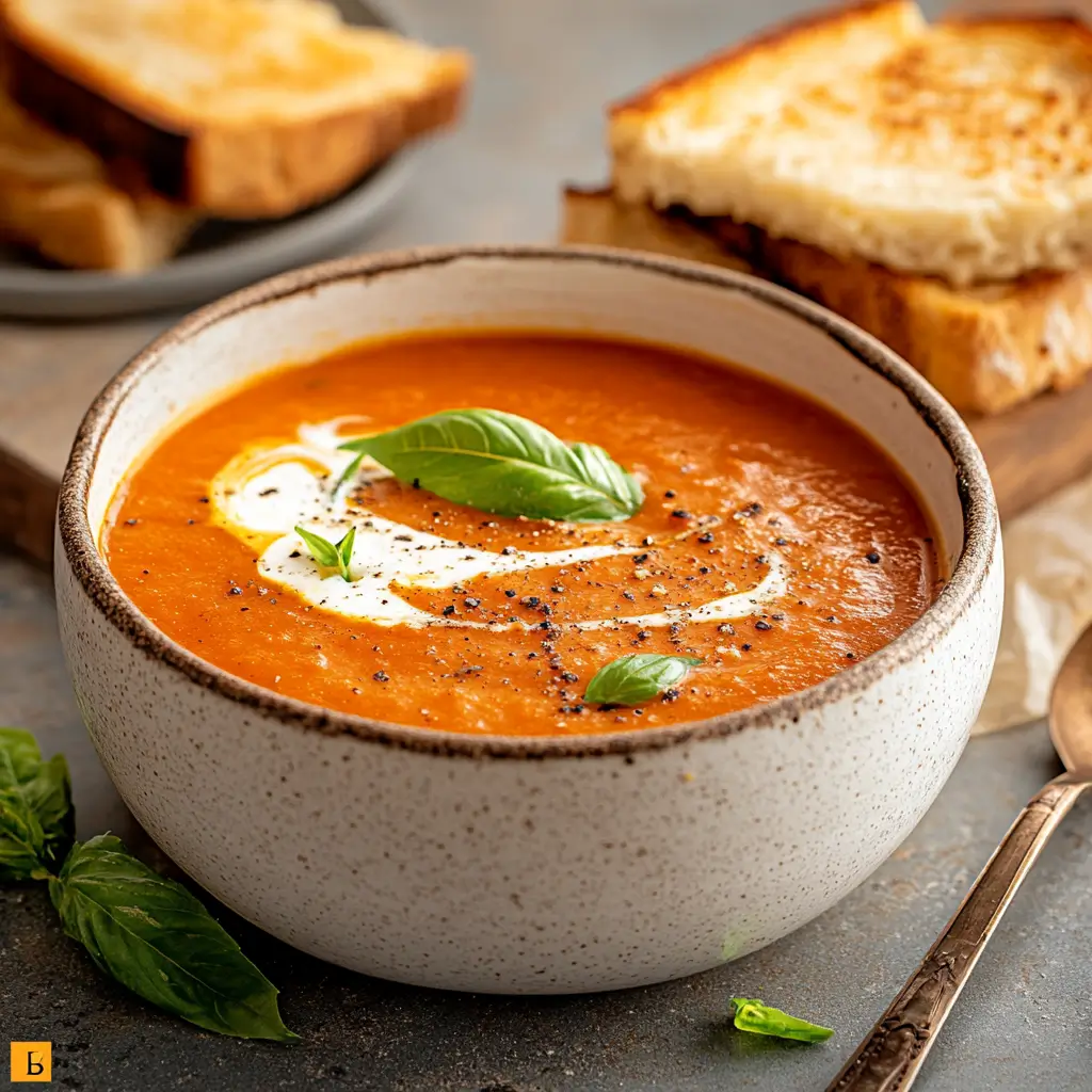 Quick tomato soup with canned tomatoes, garnished with cream and fresh basil, served with grilled cheese slices