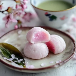 Close-up of Sakura Mochi with one piece slightly open, showing its soft pink rice cake and sweet red bean paste filling, served with matcha tea