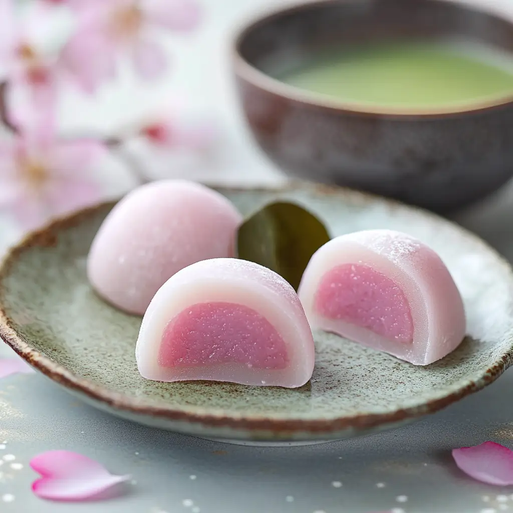 Traditional Sakura Mochi on a Japanese ceramic plate, wrapped in pickled cherry blossom leaves with sweet red bean paste filling inside.