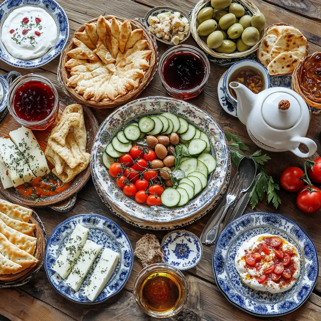 Traditional Turkish breakfast spread with simit, menemen, cheeses, olives, fresh vegetables, börek, and Turkish tea on a Turkish-style table.