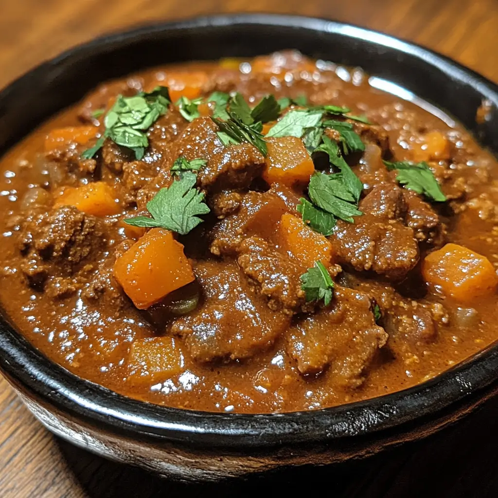 A hearty bowl of venison chili topped with shredded cheese, fresh cilantro, and diced red onions, served with a lime wedge on the side.