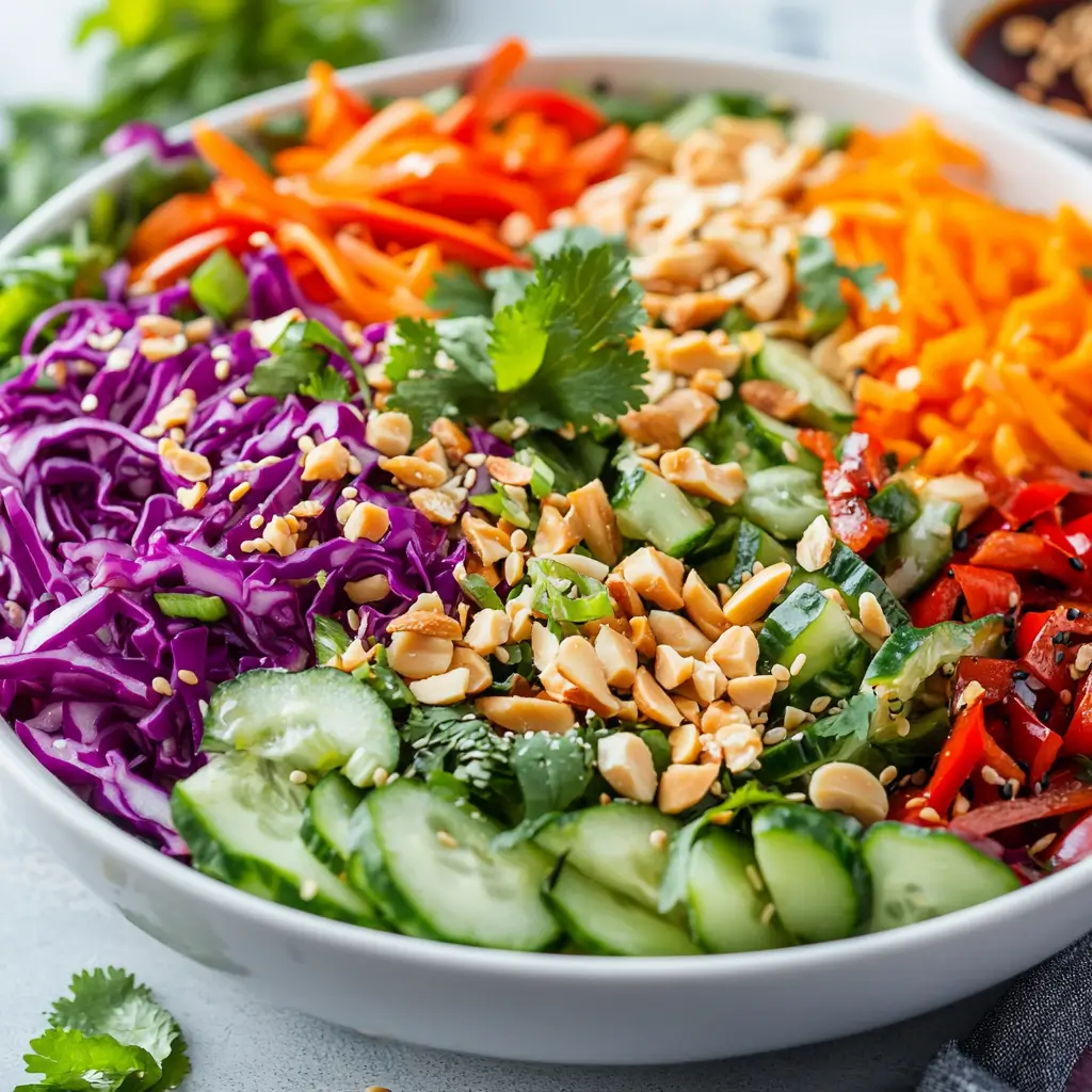 Colorful Asian chopped salad with Napa cabbage, red cabbage, cucumbers, carrots, bell peppers, and sesame dressing.