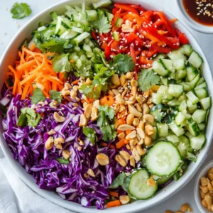 Fresh Asian chopped salad topped with sesame seeds, cilantro, roasted peanuts, and a tangy homemade soy-sesame dressing.