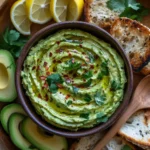 Creamy avocado spread in a rustic bowl, topped with red pepper flakes and cilantro, surrounded by toasted sourdough and fresh avocados.