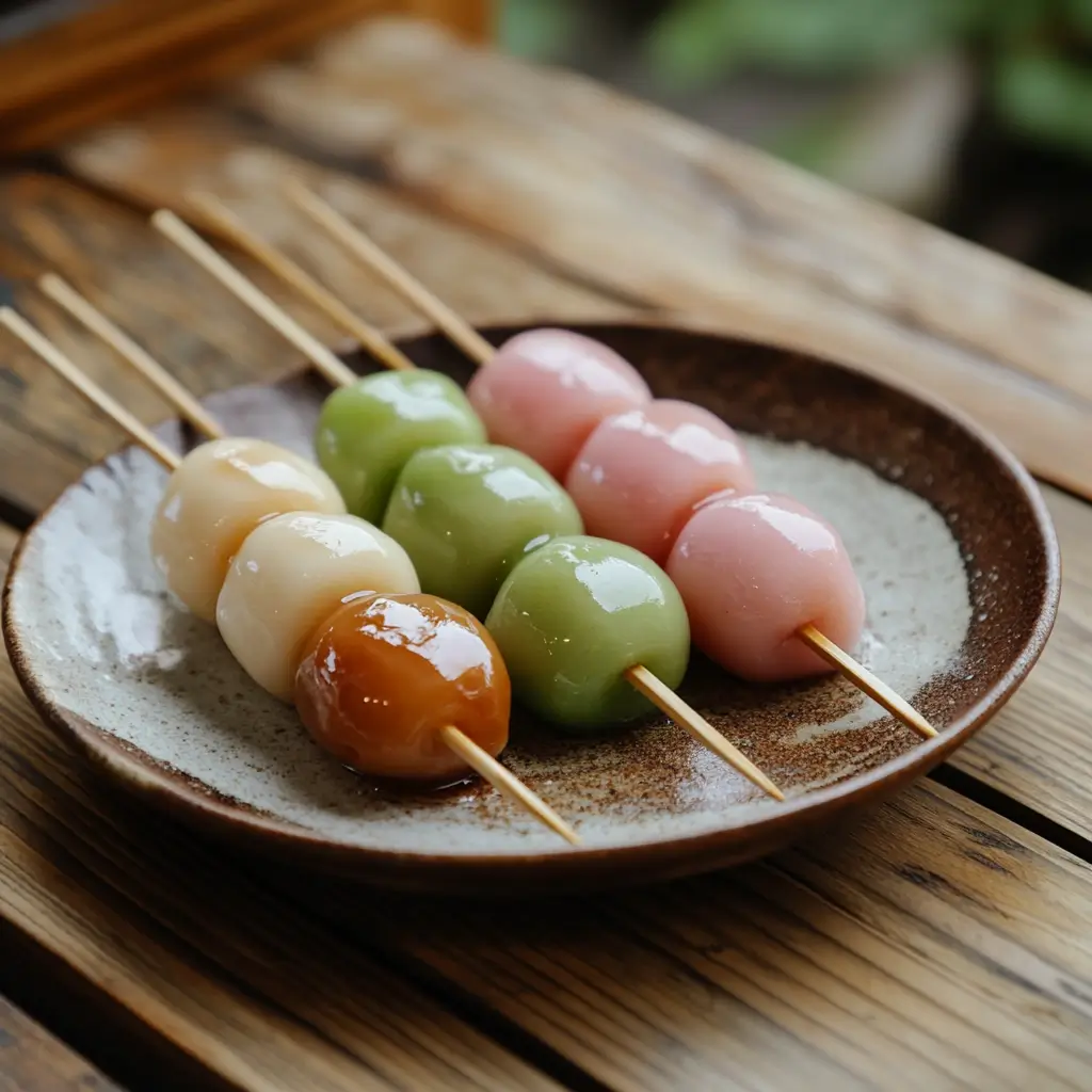 Rustic Japanese-style dango skewers with sweet soy glaze and pastel colors, captured with an old camera for a vintage homey feel.