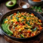 A skillet of cooked ground turkey with colorful low-carb vegetables, garnished with fresh herbs and shredded cheese, served with avocado slices.