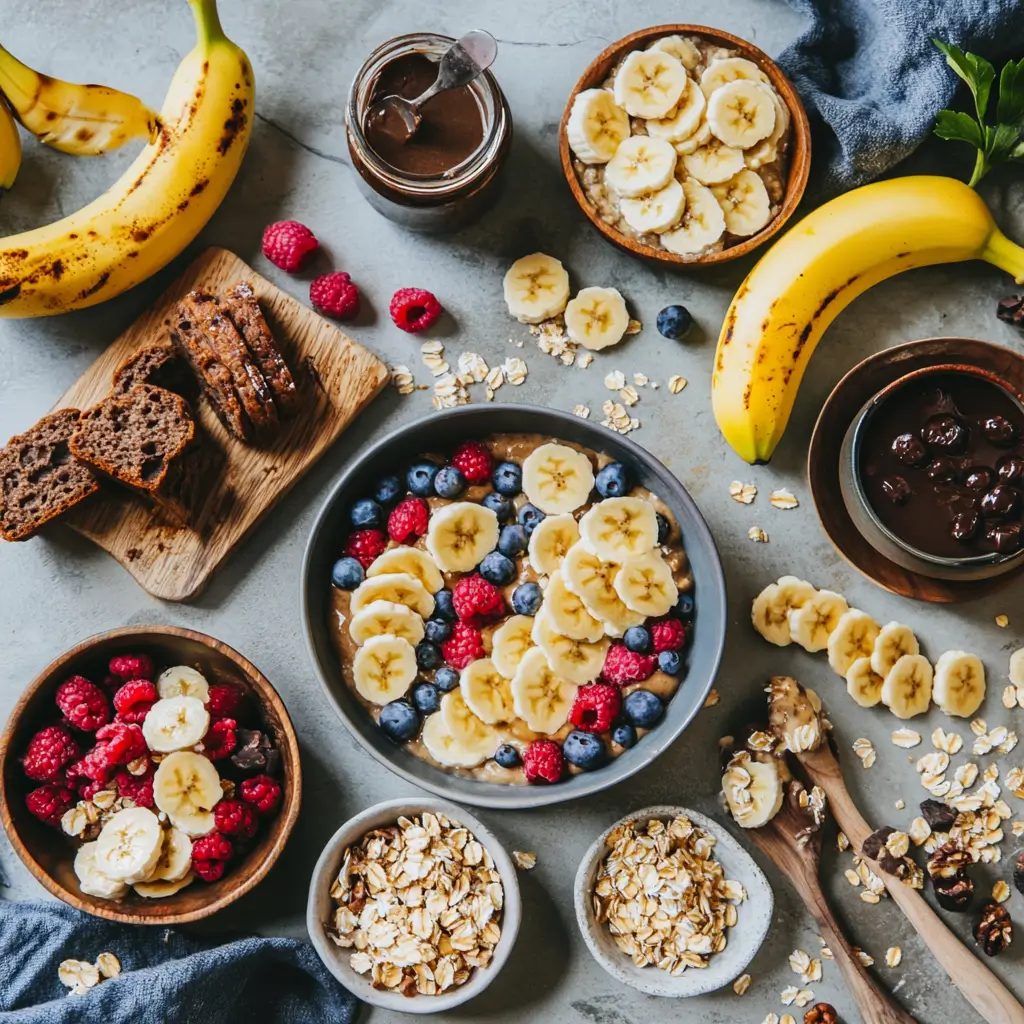 Assorted healthy banana desserts including banana bread, energy bites, chia pudding, frozen banana bites, and a smoothie bowl